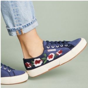 NEW Superga Silk Floral Sneakers Embroidered Blue